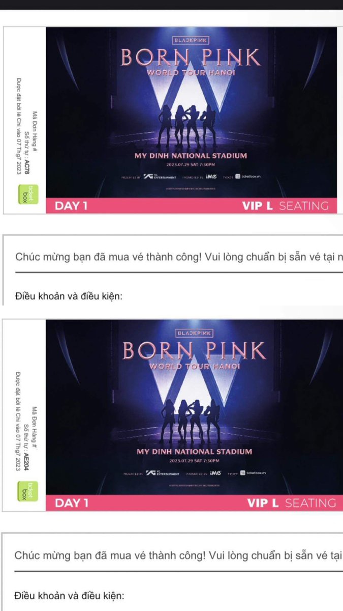 linglingmaii's tweet photo. I resell 2 VIP Seating L Concert BlackPink Hanoi tickets on July 29, AC 7x and AE 20X seats The price of 1 ticket is the same as the original price on the official website: 9,800,000 VND ($415)
Dm me if interested
#BORNPINKinHanoi #BLACKPINK #BLACKPINK_WORLDTOUR #BlackpinkinHanoi https://t.co/kaFuribx6I