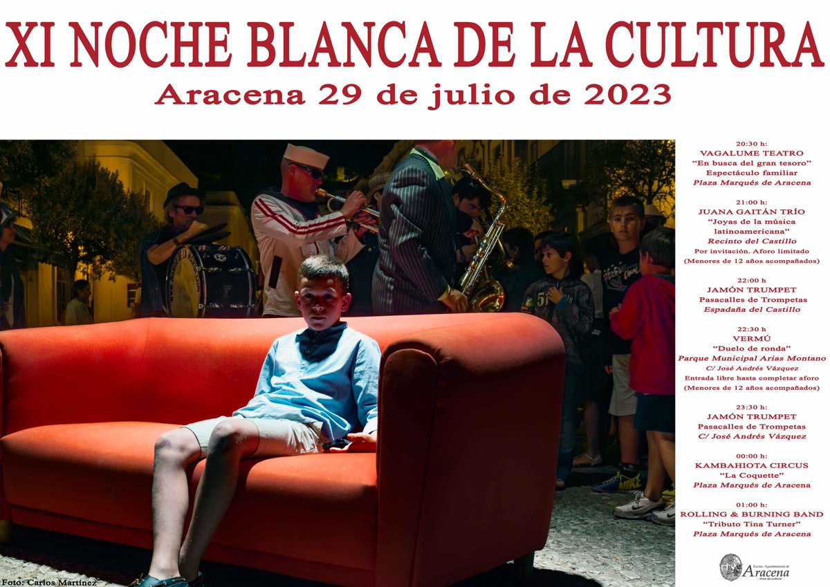 AytoAracena's tweet photo. #nocheblancaculturaaracena
Este fin de semana llega uno de los eventos más esperados del verano ¡¡¡NOCHE BLANCA DE LA #cultura!!! 🌓
Pasacalles, conciertos, teatro, circo... llenarán las calles de #Aracena este sábado, 29 de julio, a partir de las 20:30 h. https://t.co/Qb7lkFpvpv
