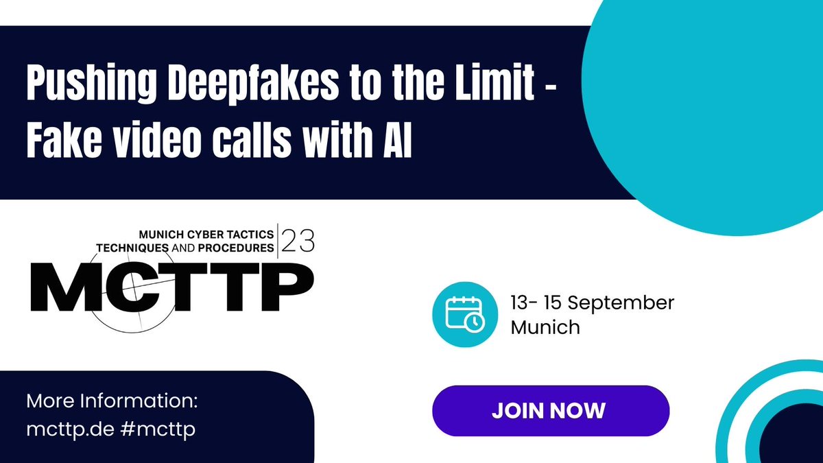 Munich Cyber Tactics, Techniques and Procedures (@mcttp_con) on Twitter photo Mindblowing, humorous but also frightening:
experience how <a href="/MartinFoertsch/">Martin Förtsch 🇪🇺</a>, <a href="/originalOne1984/">Thomas Endres</a> & <a href="/mayerjRRR/">Jonas Mayer</a> are »Pushing Deepfakes to the Limit«
Today's real-time Deepfake technology creates indistinguishable doppelgängers!
#mcttp23 #infosec #cybersecurity #deepfake Mindblowing, humorous but also frightening:
experience how <a href="/MartinFoertsch/">Martin Förtsch 🇪🇺</a>, <a href="/originalOne1984/">Thomas Endres</a> & <a href="/mayerjRRR/">Jonas Mayer</a> are »Pushing Deepfakes to the Limit«
Today's real-time Deepfake technology creates indistinguishable doppelgängers!
#mcttp23 #infosec #cybersecurity #deepfake