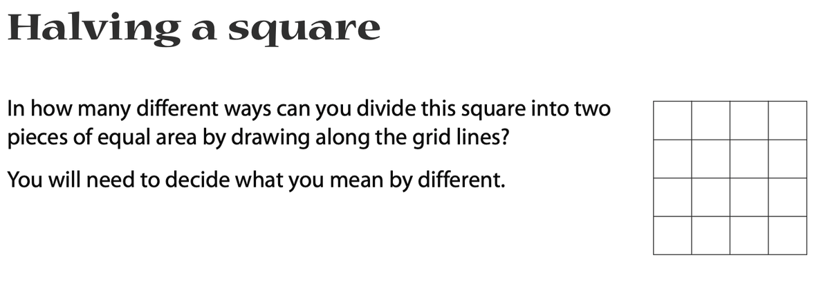 ATMMathematics's tweet image. Let's get started with #summersolvers Have a go at 'halving a square'.  A fantastic task taken from the publication 40 problems for the classroom by Derek Ball. bit.ly/36BkWGL