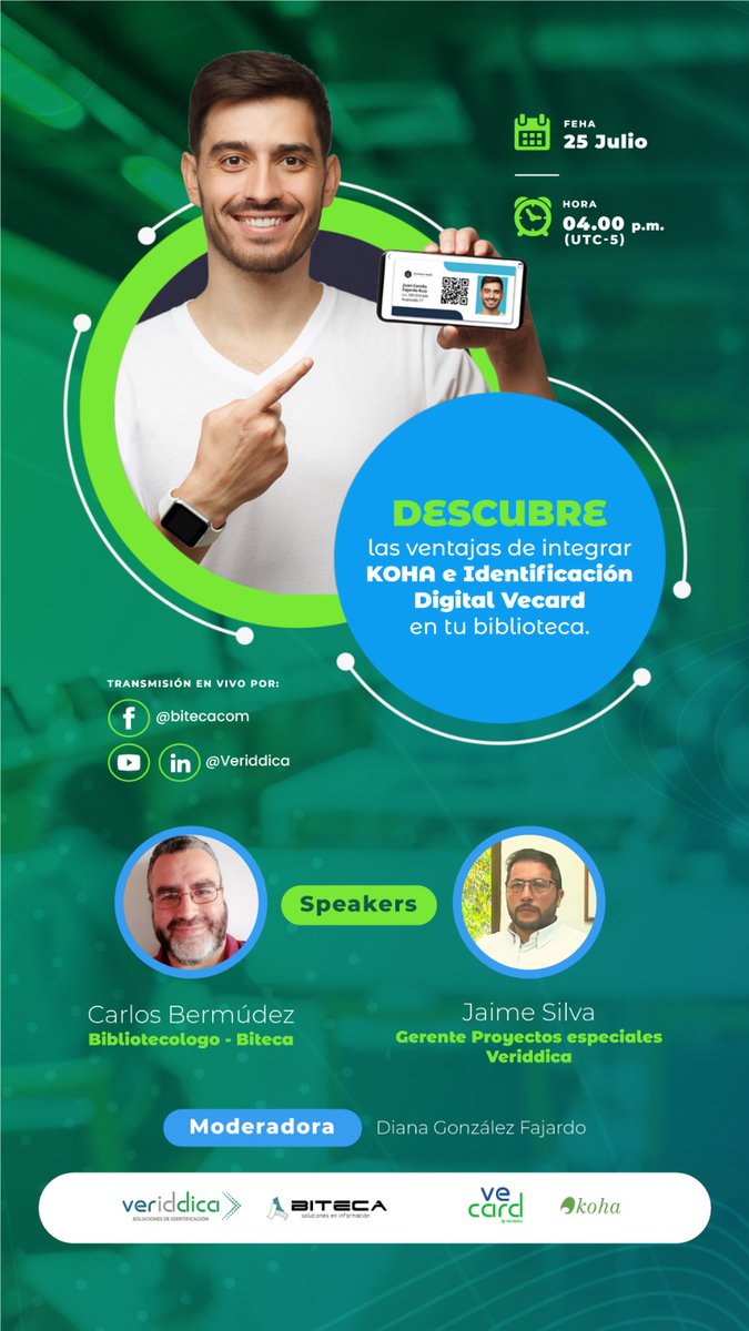 bitecacom's tweet photo. Hoy tendremos un webinar sobre identificación digital y el sistema para bibliotecas Koha con especialistas de @veriddica y @bitecacom https://t.co/CmdWob6I5H