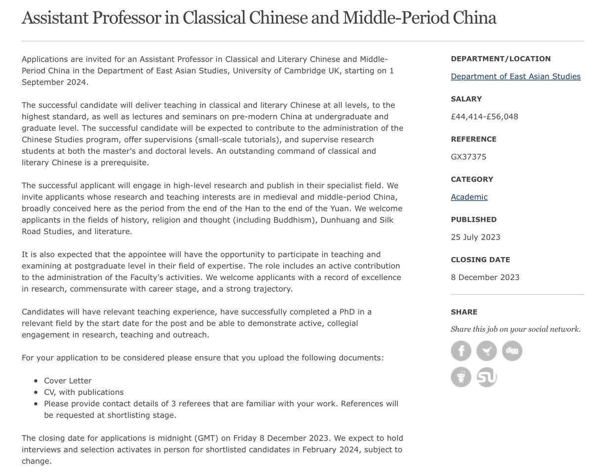We’re hiring an Assistant Professor in Classical Chinese and Middle-Period China, starting Sep. 1 2024, deadline for apps Dec. 8. Please RT! Full details here: jobs.cam.ac.uk/job/41685/ <a href="/ChinaCambridge/">Chinese Studies at the University of Cambridge</a> <a href="/CambridgeFames/">FAMES_Cambridge</a> <a href="/Cambridge_Uni/">Cambridge University</a> <a href="/bacs_china/">BACS 英国汉学协会</a> <a href="/AASAsianStudies/">Association for Asian Studies</a>