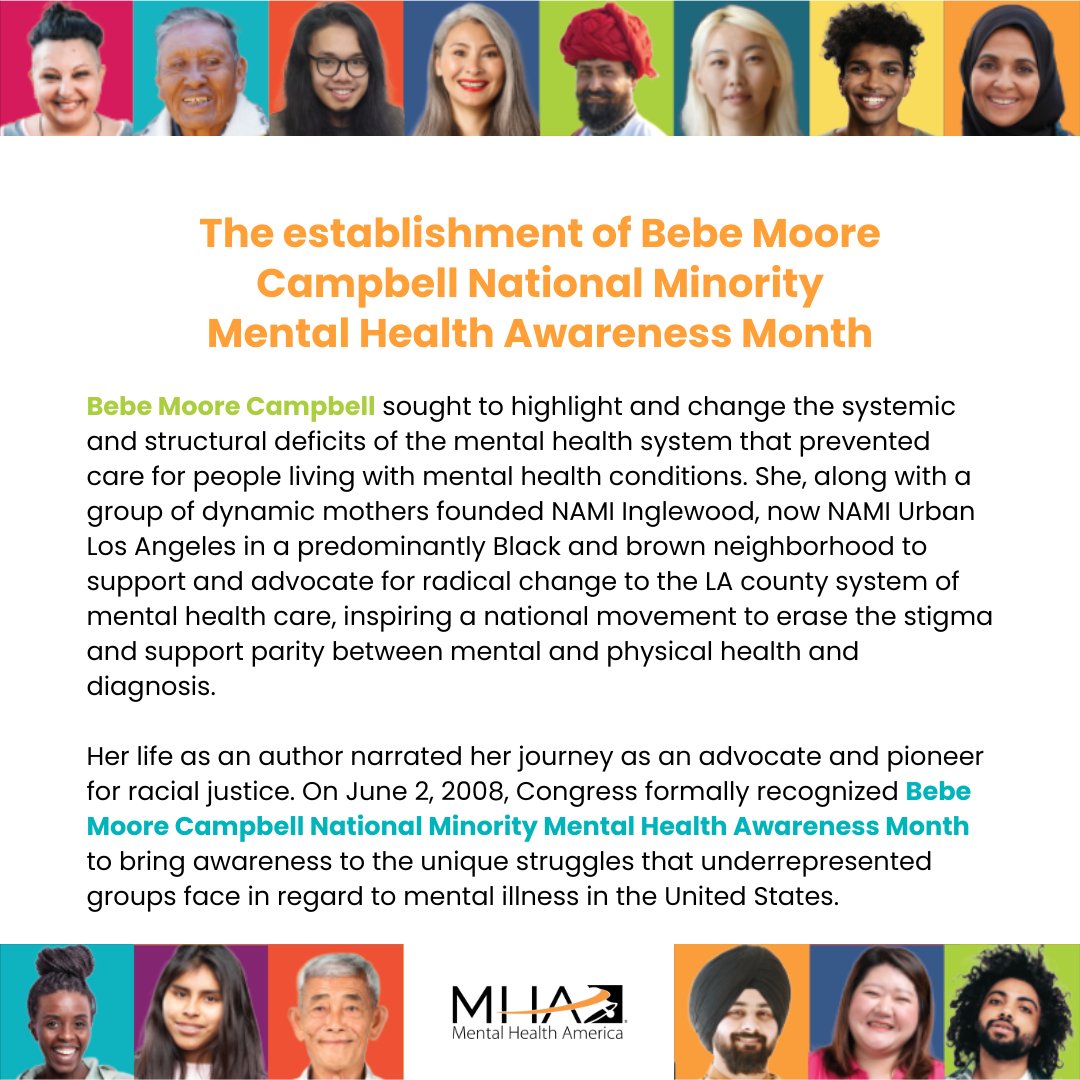 Listen to the <a href="/therapy4bgirls/">Therapy for Black Girls</a> Podcast to learn the history of #BebeMooreCampbell National Minority #MentalHealth Awareness Month. Campbell was a mental health advocate, author, journalist, &amp; teacher passionate about Black mental health. bit.ly/44vPAwM 
#AMCHPMentalHealth