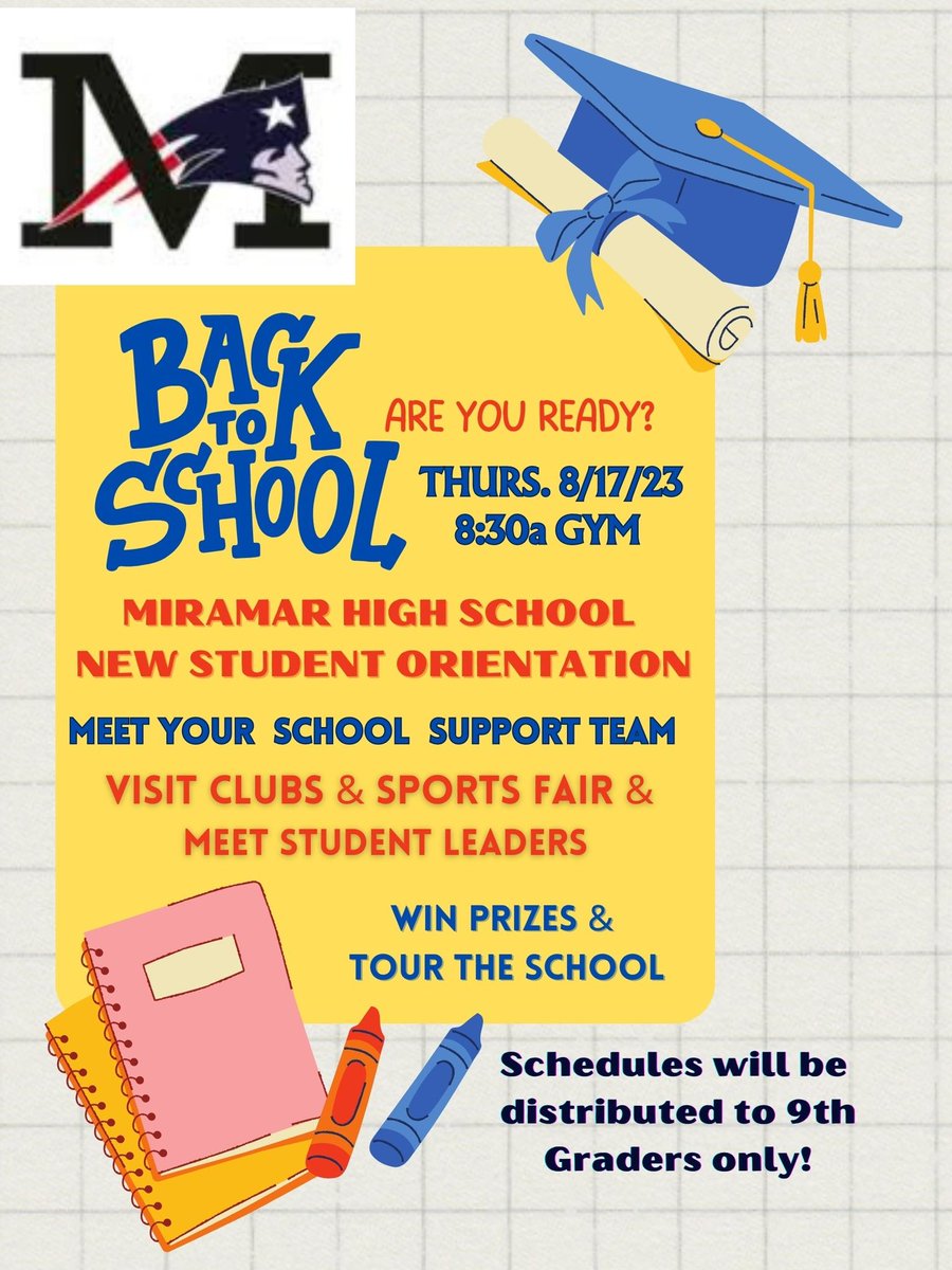 📣 Calling all New Students! 🎉
We are thrilled to welcome you to our amazing school community and embark on this exciting journey together. Get ready for an unforgettable New Student
Orientation designed just for YOU! 🎓
🗓️ Date: 8/17/23
🕒 Time: 8:30 AM 
📍 Location: Gym