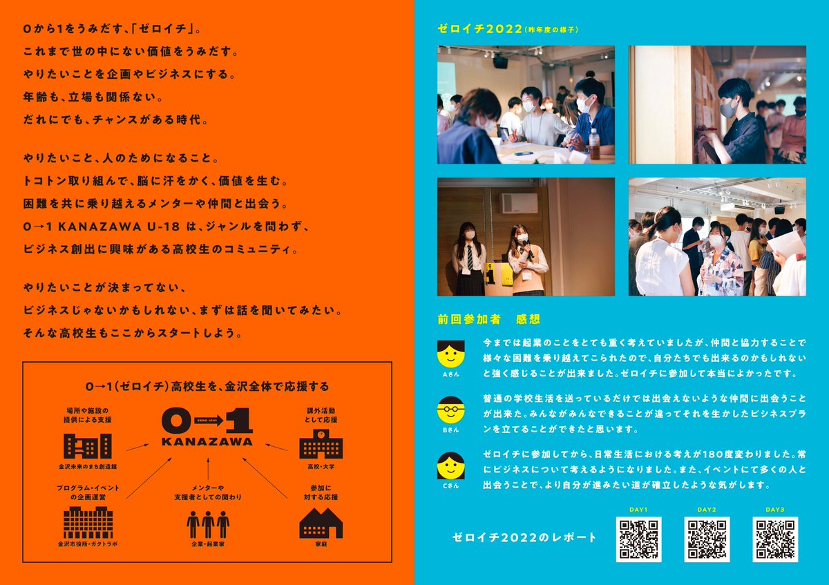 たいき|わかものと地域で挑戦 (@vvtaikivv) on Twitter photo 【参加者募集中🤩】
今年もゼロイチ金沢やります🔥
起業家ゲストのサポートのもと、
高校生が2ヶ月間で仲間と共に
ビジネスプランを考えます◎
今年の夏も楽しみだ〜〜!
↓申し込みはこちらから↓
g-garena.jp/zeroichi_kanaz… 【参加者募集中🤩】
今年もゼロイチ金沢やります🔥
起業家ゲストのサポートのもと、
高校生が2ヶ月間で仲間と共に
ビジネスプランを考えます◎
今年の夏も楽しみだ〜〜!
↓申し込みはこちらから↓
g-garena.jp/zeroichi_kanaz…
