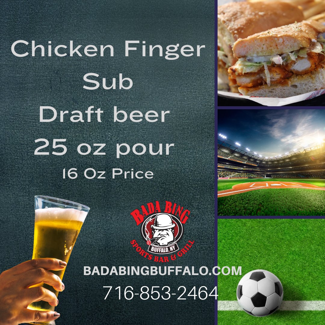 BadaBingBuffalo's tweet photo. Catch the Big Game right here #42Chippewa
#Lunch special Chicken Finger Sub
Draft beer 25 oz pour / 16 oz price
https://t.co/O4kx0qrEnM for menu &amp; delivery
716-853-2464 https://t.co/NutNWF9hpL