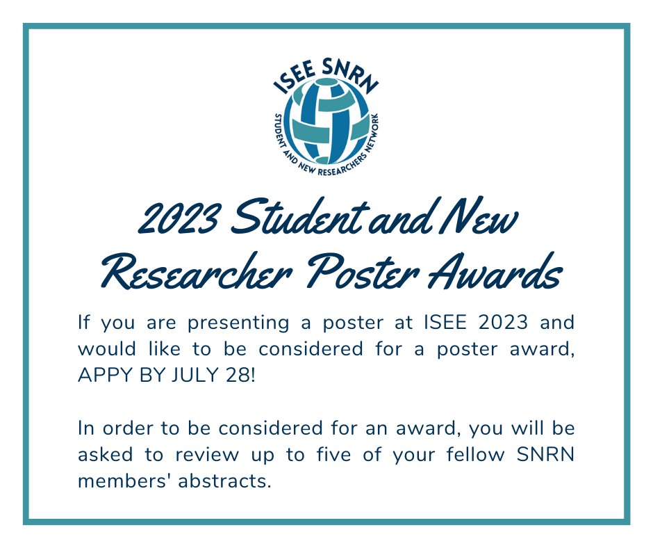 Are you presenting a poster at #ISEE2023 and are a Student or New Researcher (up to 5 years after graduation)? Compete for a Poster Award!

Read the complete requirements and register at: docs.google.com/forms/d/e/1FAI…

Please register by July 28, 23:59 UTC.

@IseeSnrn