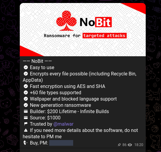 FalconFeedsio's tweet image. A threat actor is claiming to promote NoBit, a ransomware as a service (RAAS). The ransomware builder features enable attackers to encrypt virtually any file, including sensitive data stored in directories like the recycle bin and AppData. The ransomware employs fast AES and SHA