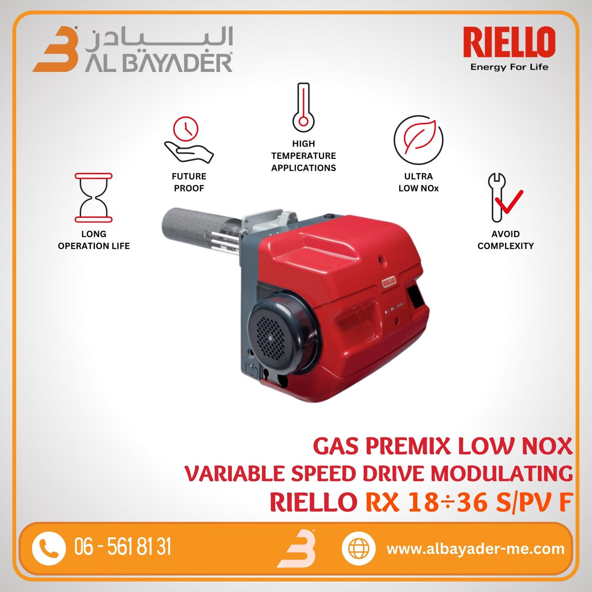 AlbayaderUAE's tweet photo. Introducing Riello's RX 18÷36 S/PV F Gas Premix Low NOx Burner: 🔥
✅ Advanced combustion head with metal fiber mesh, ensuring durability and stable flames.
✅ Highly modulating with quiet operation for precise control and energy savings. https://t.co/qyMviCLtcW