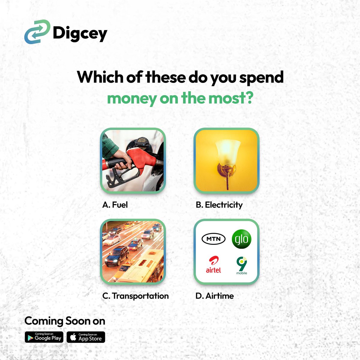 digceyapp's tweet photo. Which of these items have you on chokehold?😭🤑

No matter your answer, Digcey’s innovative eNaira wallets dey for you, save big on your bills and achieve financial freedom!

#triviaytuesday #digcey #thespeedofdigcey #comingsoon https://t.co/S2lBVAF7W2