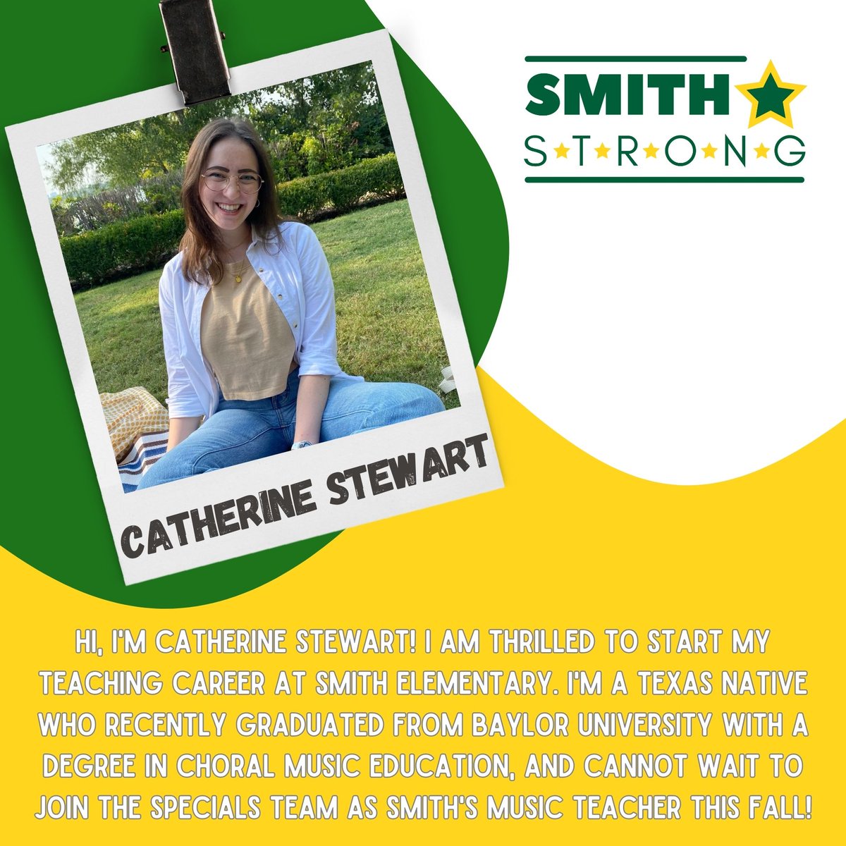#SMITHSTRONG💪, help us welcome Catherine Stewart to Smith Elementary! She will be joining our Specials team and teaching music here at Smith Elementary!💪💚⭐️