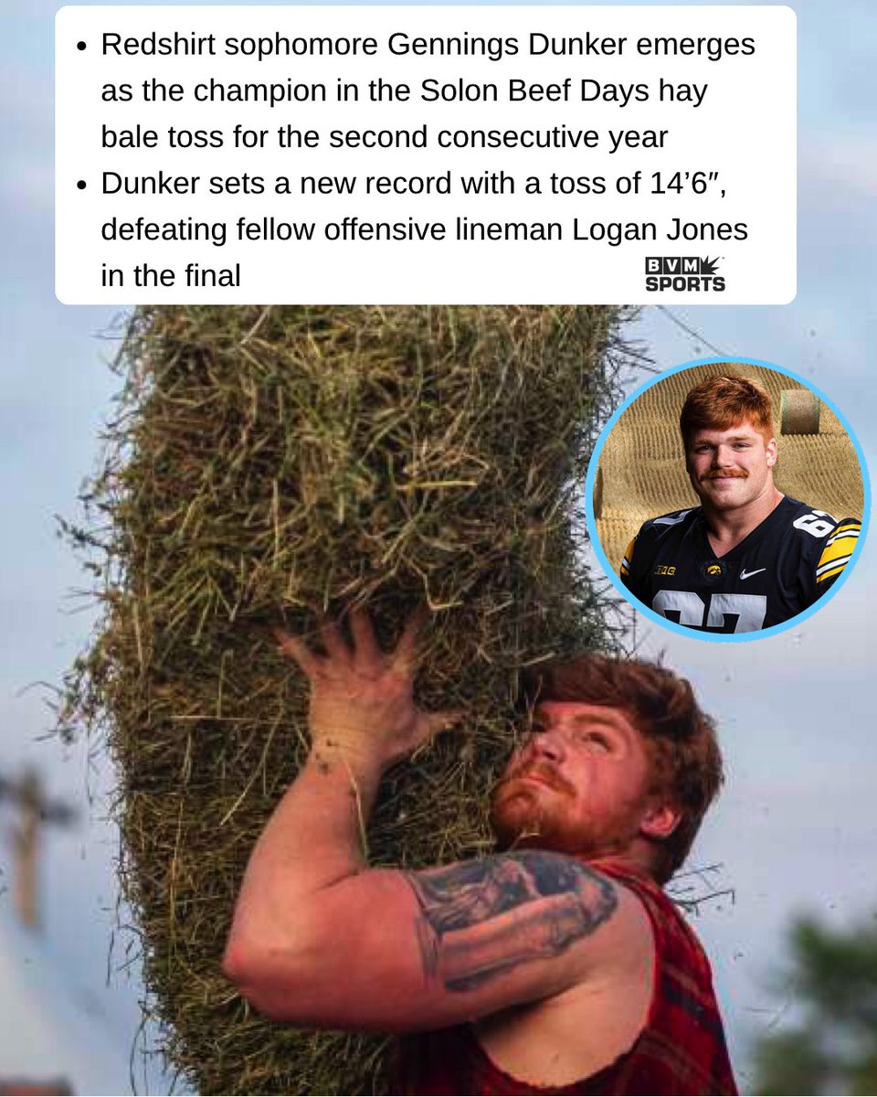 CSOonX's tweet photo. An Iowa O-lineman winning the state hay bale toss is peak Iowa. https://t.co/VeVowVnC4s