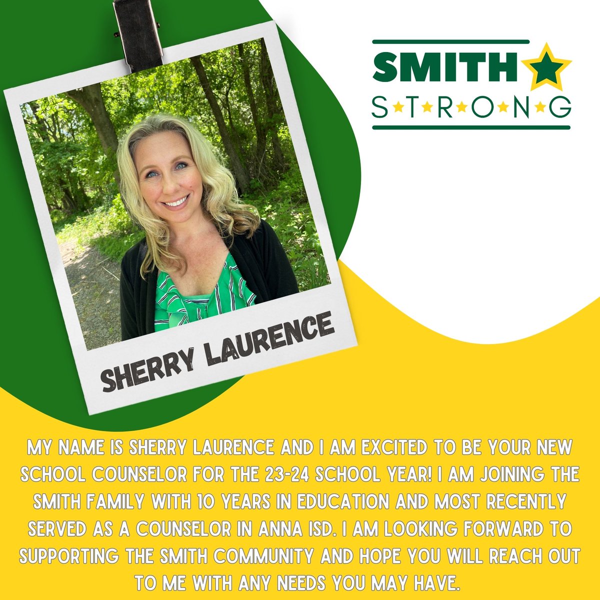 #SMITHSTRONG💪, help us welcome Sherry Laurence to Smith Elementary! She will be our new Counselor here at Smith Elementary!💪💚⭐️