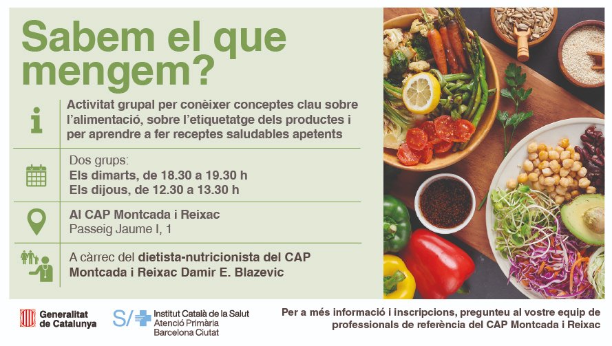 El #CAPMontcada organitza una activitat grupal per conèixer conceptes clau sobre l'alimentació, sobre l'etiquetatge i per aprendre a fer receptes saludables apetents

Dues sessions:
🕡 Dimarts, de 18.30 a 19.30 h
🕧 Dijous, de 12.30 a 13.30 h

Consulta al CAP les pròximes dates
