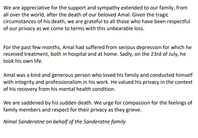 rangaba's tweet photo. Sandaratne family confirms Amal took his life on July 23 and appeals for compassion for their feelings and respect for their privacy as they grieve. https://t.co/C1xZ6DGutW