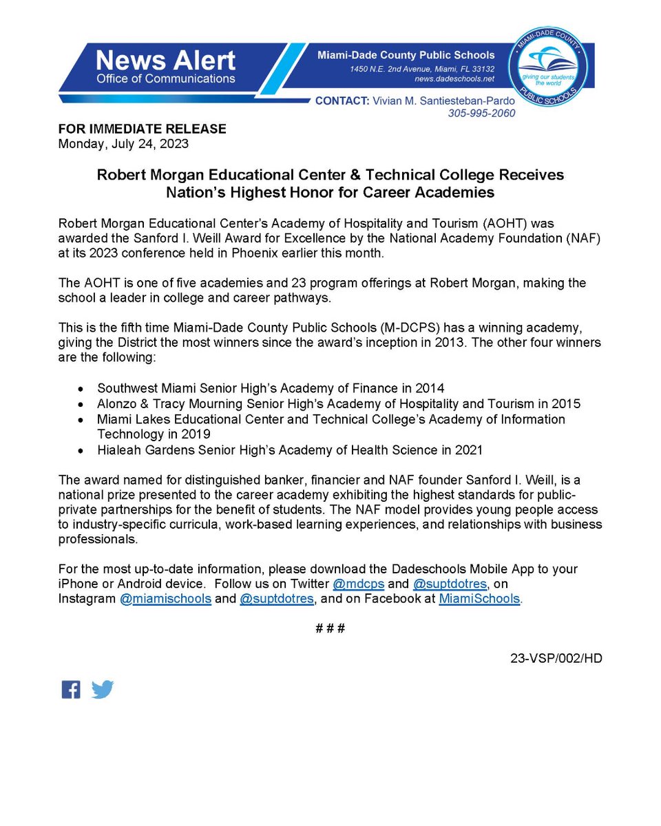 MDCPS's tweet photo. Robert Morgan Educational Center & Technical College Receives Nation’s Highest Honor for Career Academies. #MDCPSFutureReady
https://t.co/w7eCYbKNKo @RMEC_pirates https://t.co/Lf4Rg5jvCA