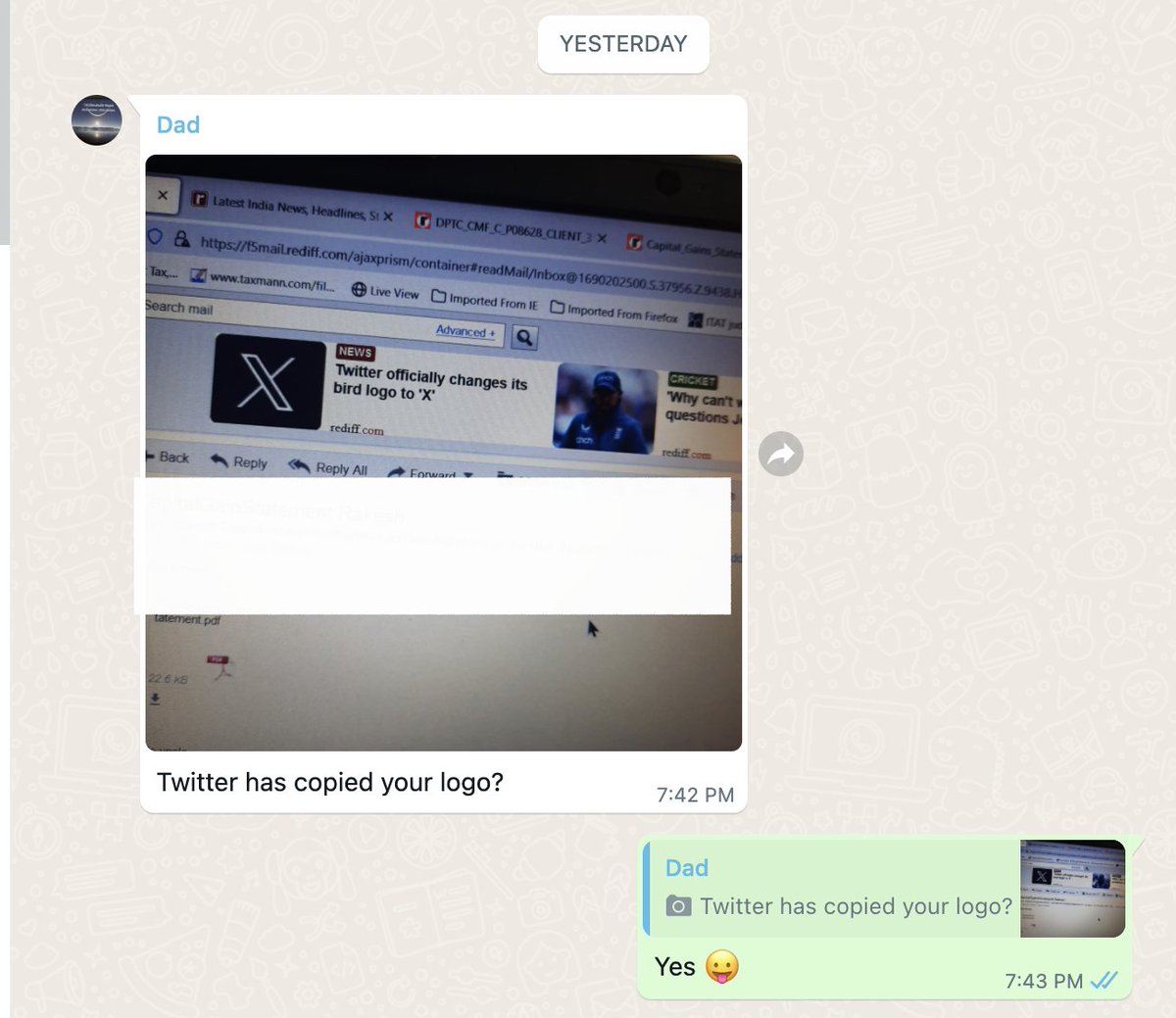krupali1's tweet photo. My dad thinks Twitter copied our logo😂 https://t.co/3viN2KwKFj #TwitterX https://t.co/rGn8yEaxbz