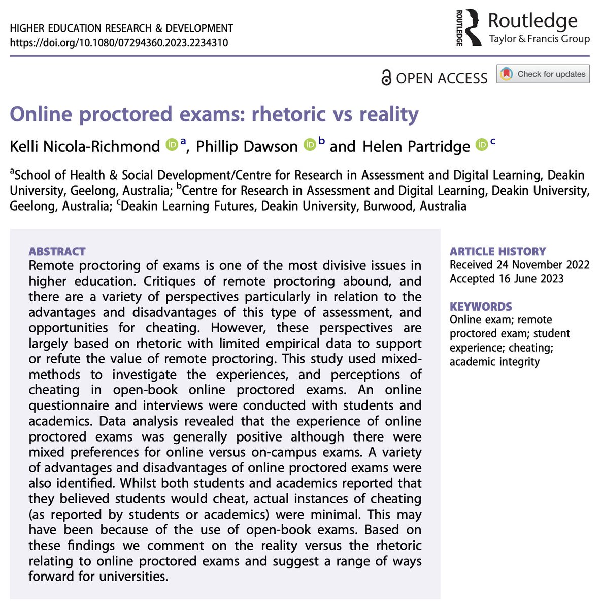 Online proctored exams: rhetoric vs reality

@Kelli16556998 Nicola-Richmond, @PhillipDawson & @PartridH

🔓→ doi.org/10.1080/072943…

#RemoteProctoring #Proctoring #OnlineProctoring #OnlineTesting #OnlineExams #Cheating #AcademicIntegrity #Invigilating #OpenBookExams #Exams