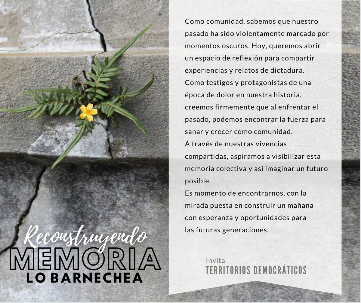 territocracia's tweet image. En #LoBarnechea estamos trabajando junto a otras organizaciones en la construcción de una ruta de la #Memoria en nuestra comuna. 
Les invitamos a compartir información, reflexiones y testimonios de aquella época oscura de dictadura, y formar parte de este proyecto colectivo.