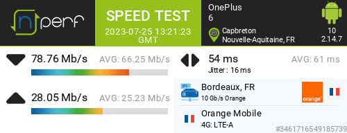 Ari33260's tweet image. ↓78757 kb/s ↑28051 kb/s, ⇄ 54 ms / mobile:Orange Mobile / #OnePlus6 / #nPerf v2.14.7 /
Sur la plage