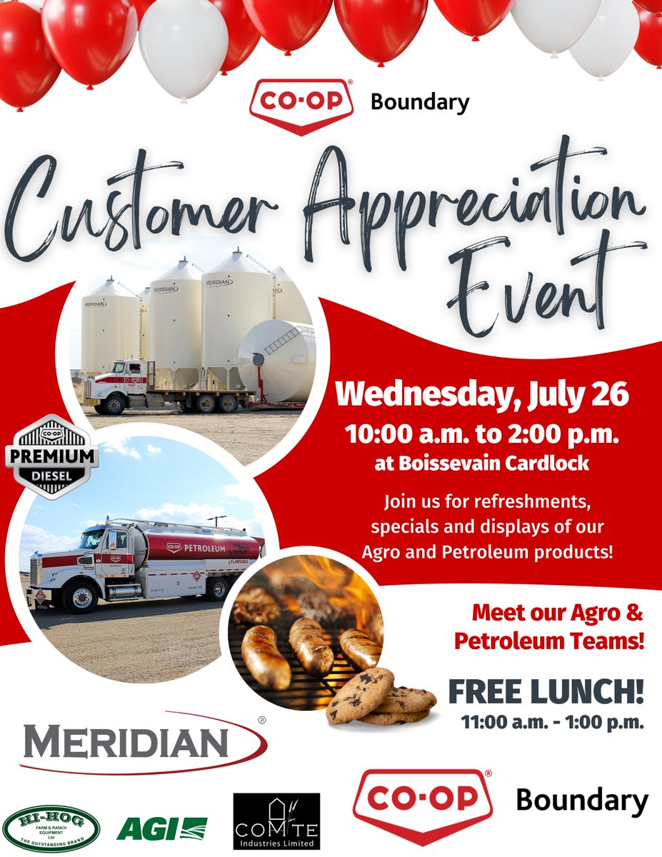 Boundary_Agro's tweet photo. We're looking forward to seeing you tomorrow, July 26 at Boissevain Cardlock for our Agro & Petroleum Customer Appreciation Event!
@meridianmfg
@AgGrowthIntl
#comteindustries
@HiHogRanchEquip
#BoundaryCoopAgro
#BoundaryCoopPetroleum https://t.co/G38Q0Xk8st