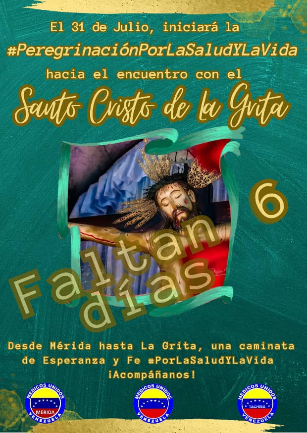 Te invitamos a la #PeregrinaciónPorLaSaludYLaVida que partirá este 31 de Julio, caminando desde la ciudad de Mérida hasta llegar al Santuario del #SantoCristoDeLaGrita el 5 de Agosto. Acompáñanos  en este compromiso de fe y esperanza por el Derecho a la Salud y La Vida ¡Vamos!