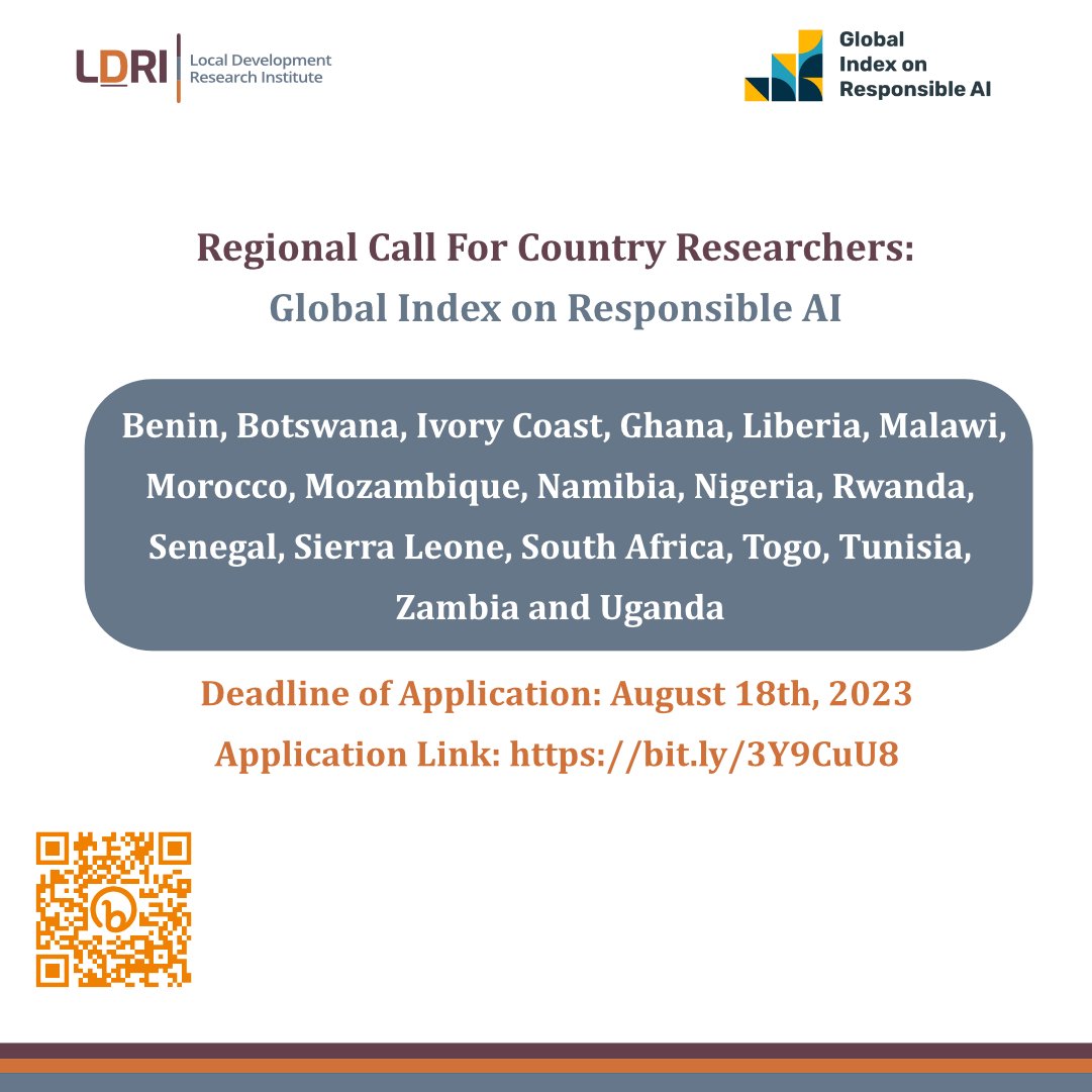 Shape the future of responsible #AI with us! 📢 Open Call for  the role of Country Researcher in the following Sub-Sharan African Countries: bit.ly/3Y9CuU8Applica… Deadline: August 18th, 2023 Apply here: bit.ly/44GlF5l