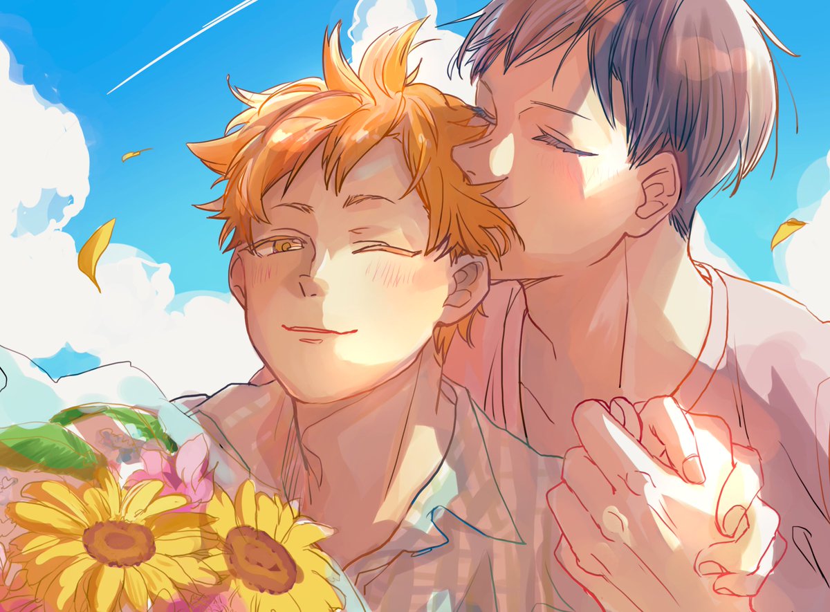 2boys flower multiple boys yaoi male focus holding hands sky  illustration images