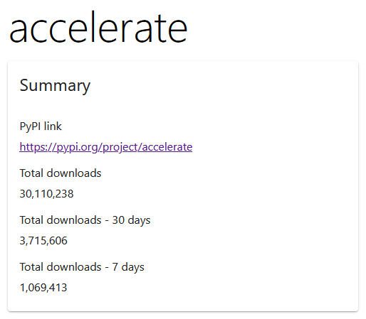 Today is a very exciting day for @huggingface accelerate: in just 2 months we went from 20 million to 30 million downloads! It's been amazing seeing the growth and use throughout the @pytorch ecosystem, and we're excited for the times to come!