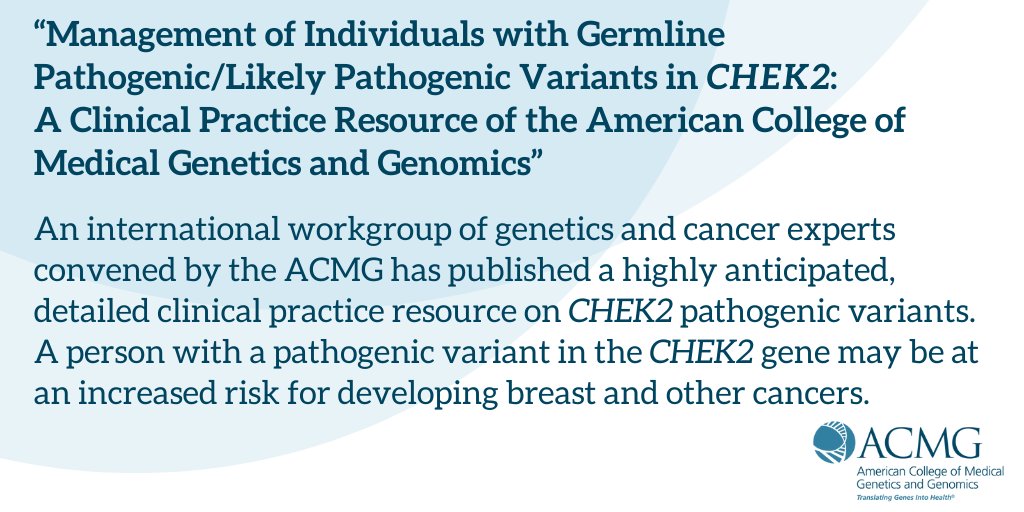 Just published! This ACMG clinical practice resource will have worldwide impact for healthcare professionals taking care of cancer patients and patients who are predisposed to cancer because of their #CHEK2 variant status. bit.ly/46SPwcx #breastcancer #cancergenetics