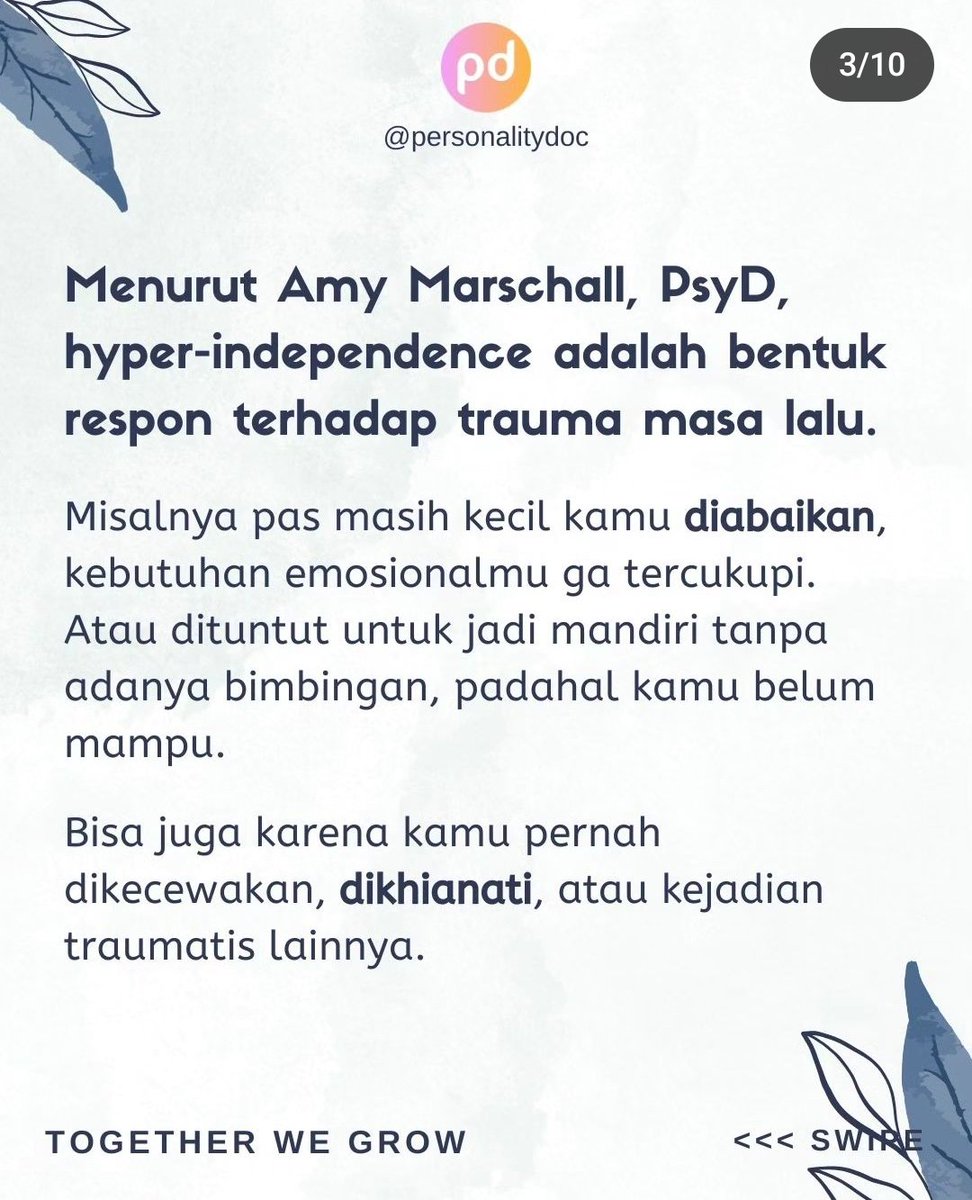 personalitydoc_'s tweet photo. Apa kamu termasuk orang yg hyper-indepence? 🙋🏻‍♀️
https://t.co/z7LMgYy2tY

#mentalhealth #trauma #hyperindependence #trustissues #mandiri #ambisius #kesehatanmental #sehatmental #inspirasi #motivasi #motivasihidup #perjuanganhidup #psikologi #psikologiindonesia #pengembangandiri https://t.co/n2235cM2uJ