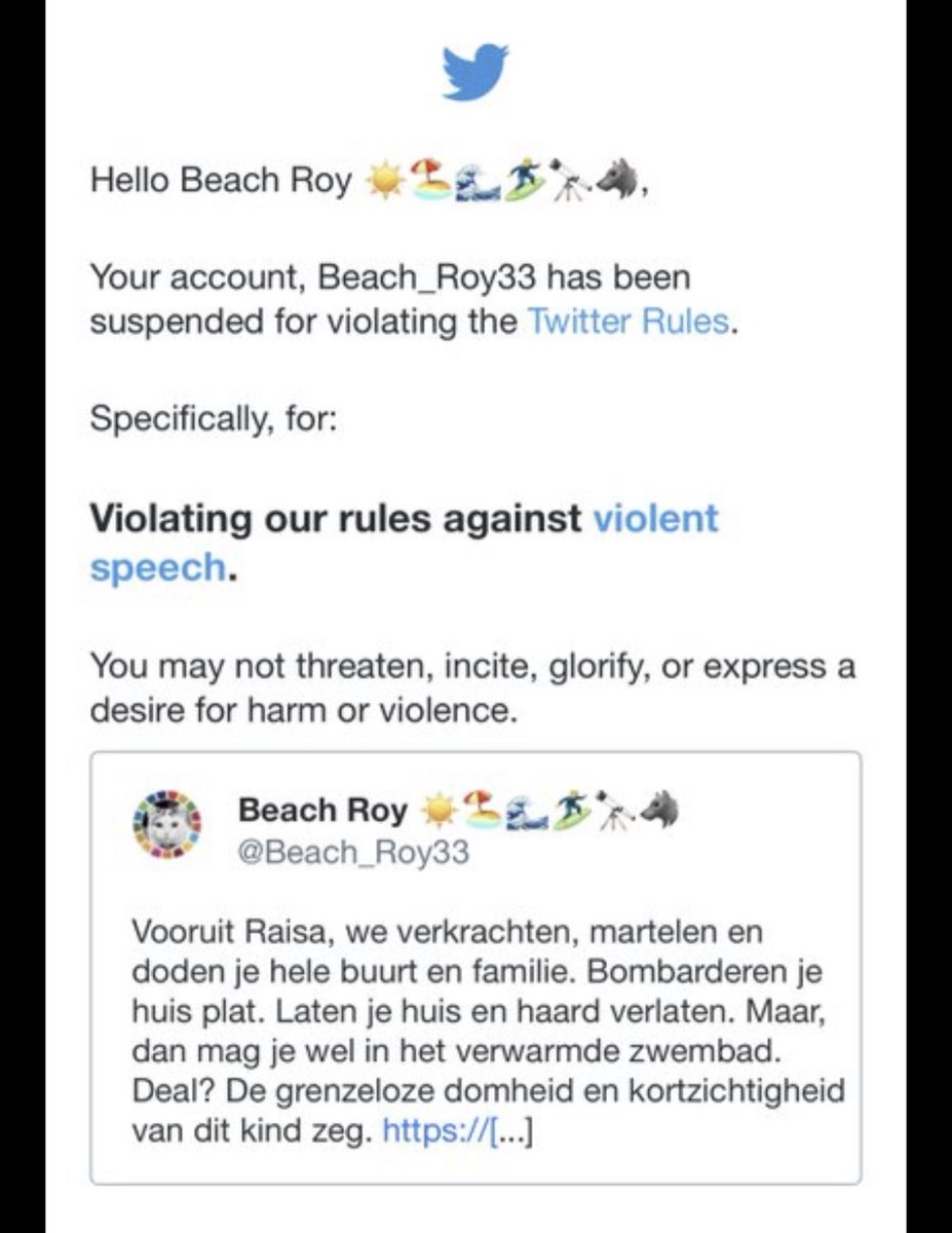 PostvanFenna's tweet image. Hi @Twitter &amp;amp; @TwitterSafety! I get that this message from @Beach_Roy33 looks threatening at 1st glance. But look closer and you’ll see that it’s in response to someone hating on refugees (@rblommestijn). Roy is stating the horrors they endure to make a point and means no harm.