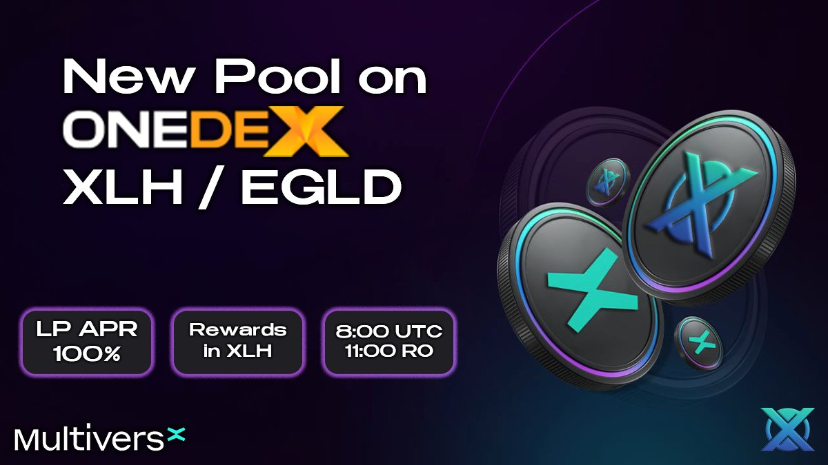 𝐗𝐋𝐇 / 𝐄𝐆𝐋𝐃 𝐨𝐧 #𝐎𝐧𝐞𝐃𝐄𝐗

We are glad to announce that, tomorrow, at 8:00 UTC or 11:00 RO, we will open a new Pool on <a href="/OneDex_X/">OneDex</a> with $XLH / $EGLD! Everyone who wants to contribute to the LP, will have 100% APR, paid in $XLH! 🔥

Together with this, the liquidity