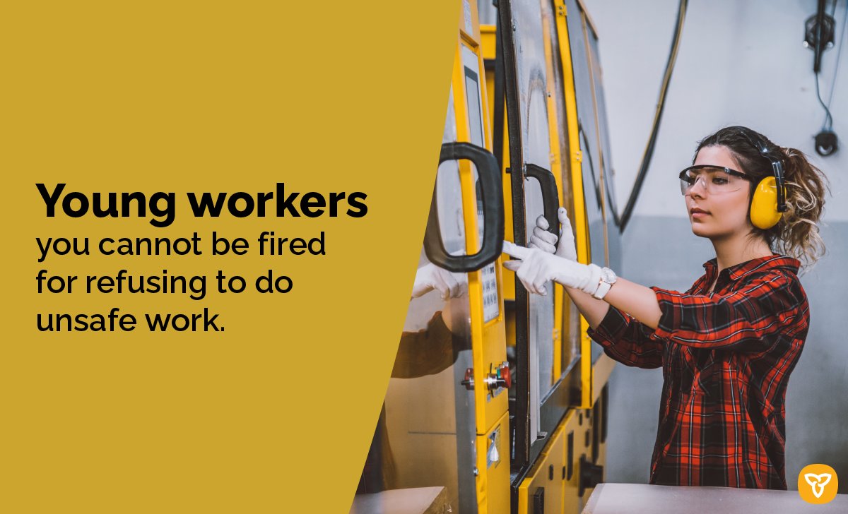 ONTatwork's tweet photo. Young workers, #DYK you cannot be fired for refusing to do unsafe work.
If you think your work might be unsafe contact our health and safety call centre at 1-877-202-0008. https://t.co/ThKXOmyJYI