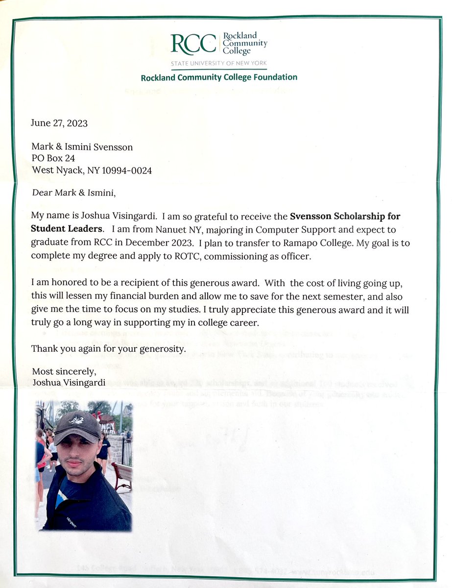 StayUNITEDTweet's tweet photo. Congratulations to @SUNYRockland student and #Nanuet native Joshua Visingardi on his selection as a recipient of our “Svensson Scholarship for Student Leaders” award. Upon graduation, Joshua intends to transfer to @RamapoCollegeNJ with a goal to obtain a degree in computer support and become an officer through the @ArmyROTC. Joshua is a rising star who will undoubtedly serve our nation proudly. @SUNY @SUNYGovRel