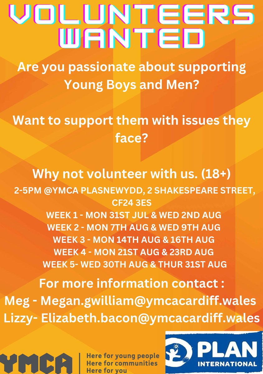 VOLUNTEERS WANTED!

Are you passionate about supporting boys? 👦

Contact us on the details below to support our Boy's Club starting next week! Aged 13-17, the group will be a safe space for boys to talk about topics that are important to them.

#Volunteering #ymca #cardiff