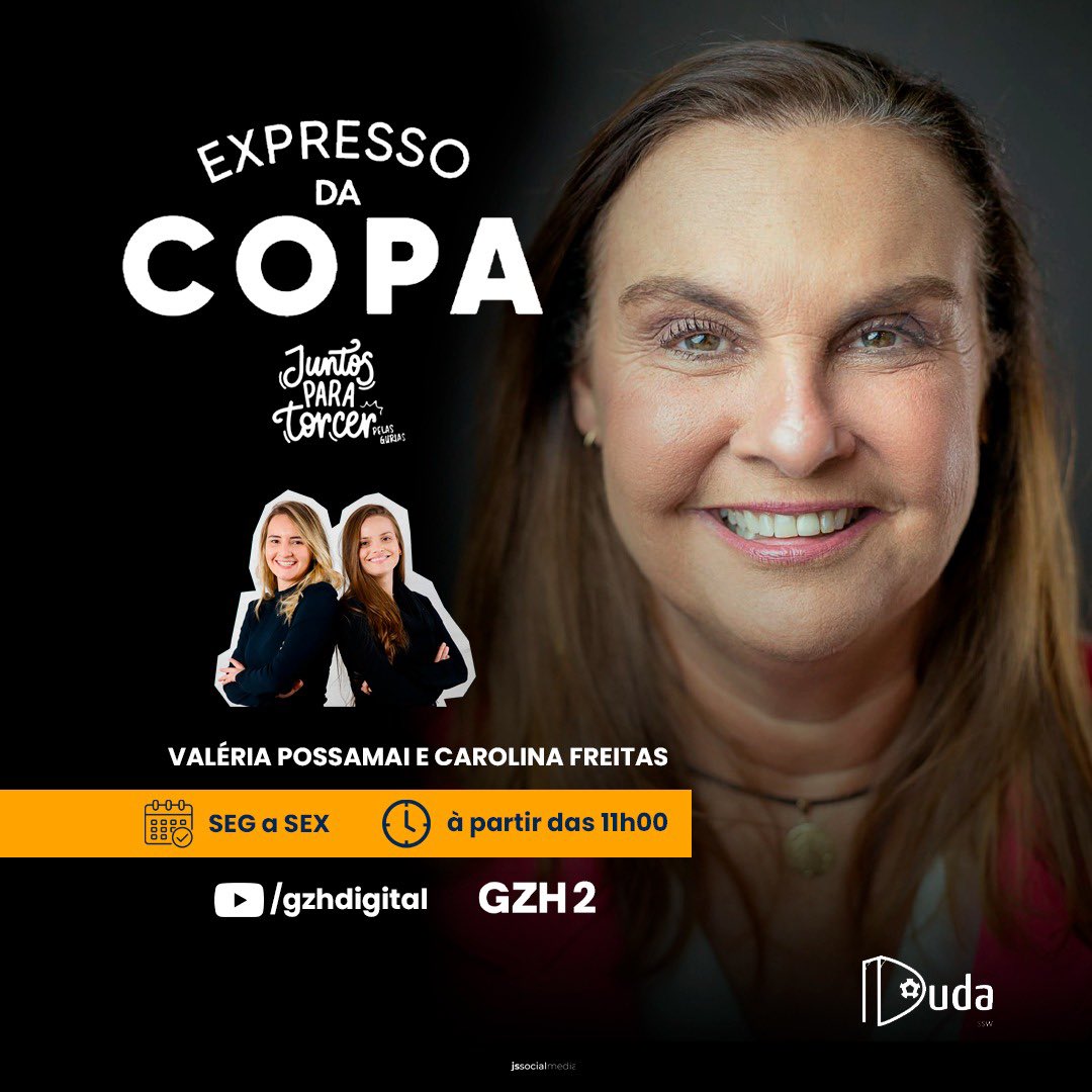 ✅ A idealizadora da Escola da Duda de Futebol Feminino, <a href="/dudaluizelli/">Duda Luizelli</a> está participando todos os dias do Expresso da Copa, programa diário transmitido no youtube de GZH e na Gaúcha 2 analisando e projetando os jogos da Copa do Mundo com <a href="/valeriapossamai/">Valeria Possamai</a> <a href="/Carol__Freitas/">Carol Freitas</a>