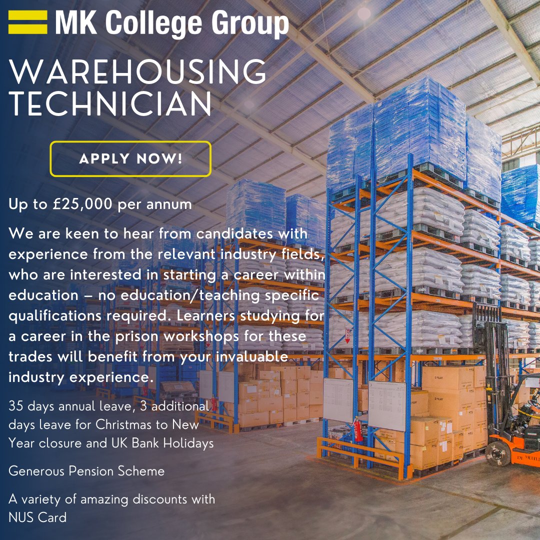 MKCollegeJobs's tweet image. We are looking for workshop technicians to provide support to our Learners at HMP Fosse Way, within Warehousing, to support the smooth running of the workshop.

lnkd.in/ej5_wJci

#warehouseoperations
#warehousejobs
#NotJustACollegeInMiltonKeynes
#edujobs
#FastForwardFriday