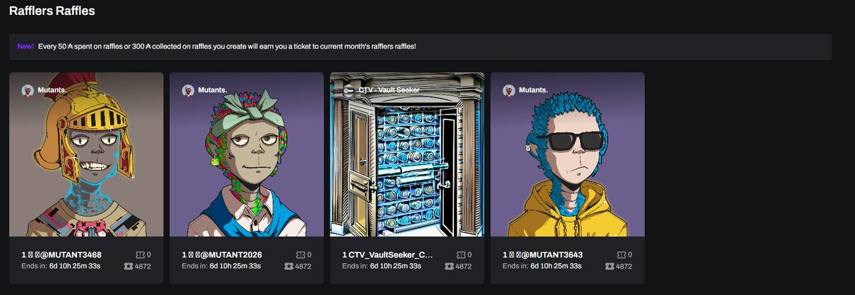MutantNFTs's tweet photo. Did you know about Labs' Rafflers Raffle! 🎟️

Our platform is all about rewarding both buyers and sellers, and we do it through our monthly raffles!

Here's how it works: For every 50 ₳ spent on raffles or 300 ₳ collected on raffles you create, you earn tickets to this month's exclusive Rafflers Raffles! 🎫

Don't miss your chance to participate! Buy tickets, create raffles, and engage with us today! 

Stay tuned for more exciting ways to reward our users! 

We're continuously working on bringing you even more opportunities to benefit from the Mutant Labs Raffles (and the platform in general)

#Cardano