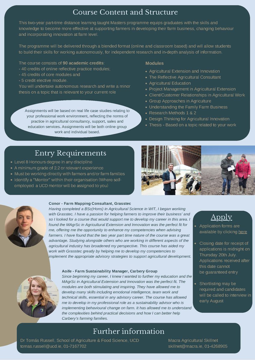 ucdagfood's tweet image. 🧑‍🎓The deadline for the Macra Skillnet Supported Masters in Agricultural Extension and Innovation programme has been extended to this Friday, 28th July. More info in the flyers! 

📝Apply here: docs.google.com/forms/d/e/1FAI…