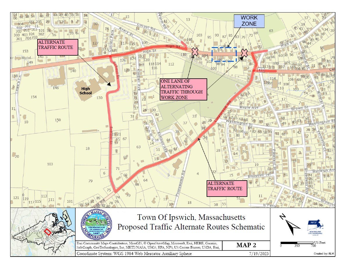 ALERT: High Street Sewer Work on Thursday, July 27th. 
Sewer work in the area of High Street &amp; Town Farm Road will begin at 7AM. High Street/Route 1A will have a lane closure w/ alternating traffic. Please seek alternate routes and expect delays if traveling in the area.