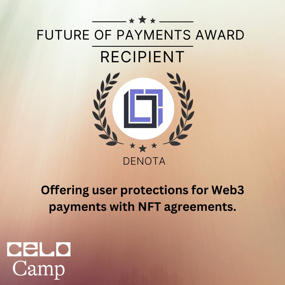 6/12: The Future of Payments Award - Denota

<a href="/DenotaLabs/">Denota</a> is offering sharable NFT agreements with escrow that are designed to provide user protections for Web3 payments. By incorporating dispute resolution features, Denota is developing more efficient &amp; secure crypto transactions