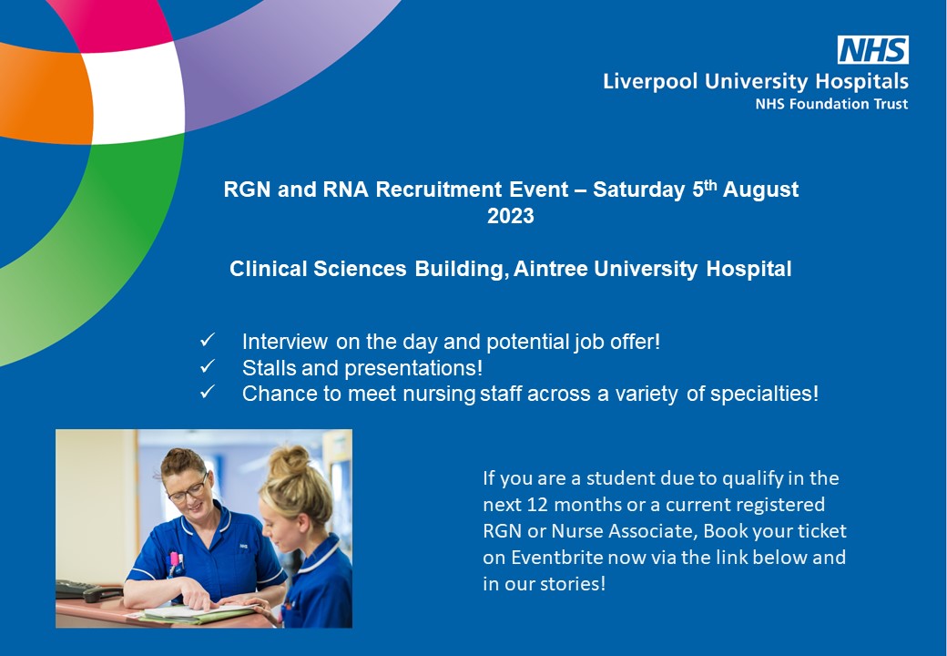 We are holding our next recruitment event for Band 5 Registered Nurses and Band 4 Nursing Associates for vacancies on our Aintree site on Saturday 5th August 2023! 😀

Tickets are available on Eventbrite now via the link below  or in our stories!

tinyurl.com/yvpyycw2