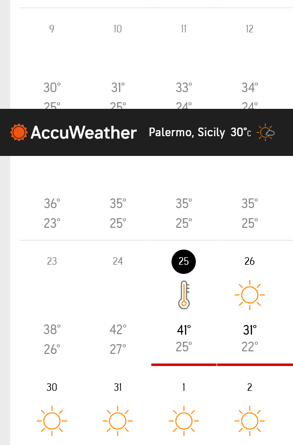 FarSight3's tweet photo. Auf #AccuWeather sind nun die #Temperatur Daten vom 24.7. zu #Palermo & #Jerzu aktualisiert & einsehbar.
Nichts mit diesen hinausposaunten "Rekordtemperaturen" von @ScottDuncanWX!
Auf #WetterCom sind noch immer "keine Daten zur Anzeige vorhanden".
#KlimaSchwindel #CO2istLeben https://t.co/jvYP3Xopgc