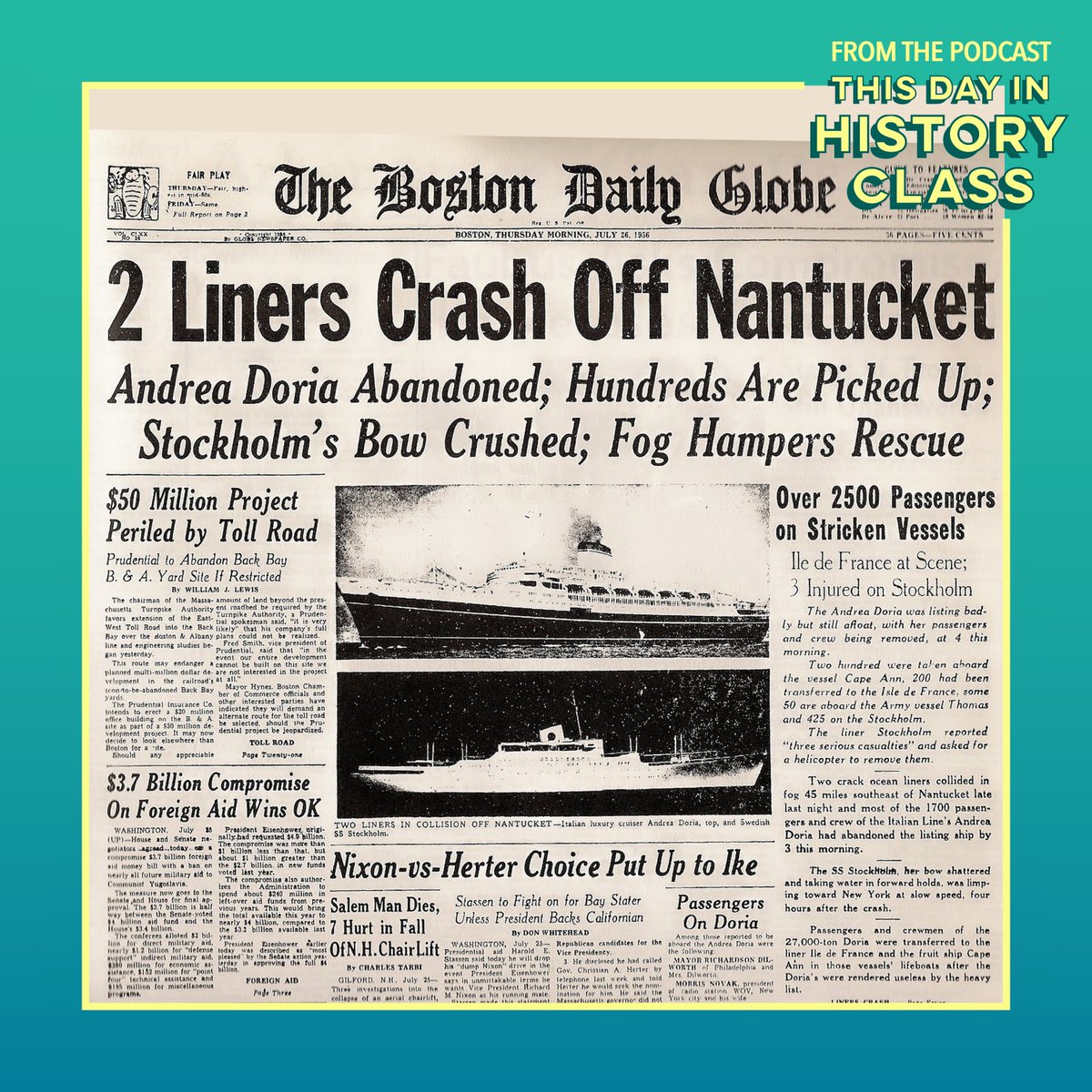 TDIHCshow's tweet photo. On this day in 1956, the Italian ocean liner Andrea Doria and the Swedish liner Stockholm collided off the coast of Nantucket.

#AndreaDoria #Stockholm #Crash #OceanLiner #Fog #Rescue #TDIHC #ThisDayInHistory #TodayInHistory #OnThisDay #July25

Listen now:
https://t.co/NwrmzOvGlb https://t.co/LzM4PzaSRe