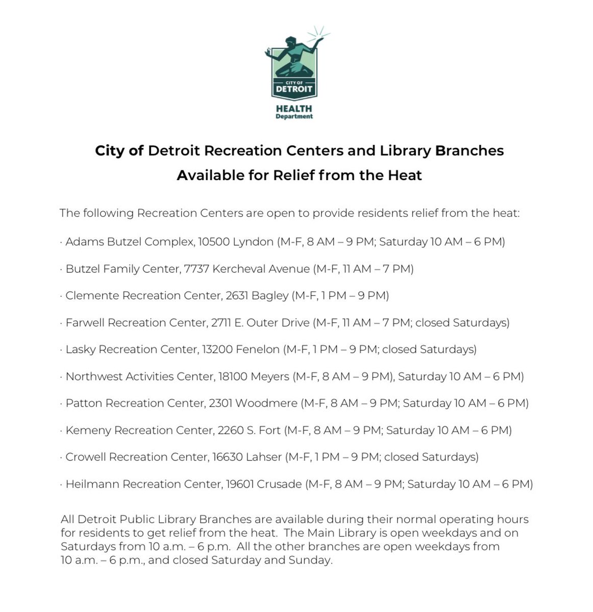 Temperatures will be extremely high today. You can find relief at the recreation centers and libraries listed below: