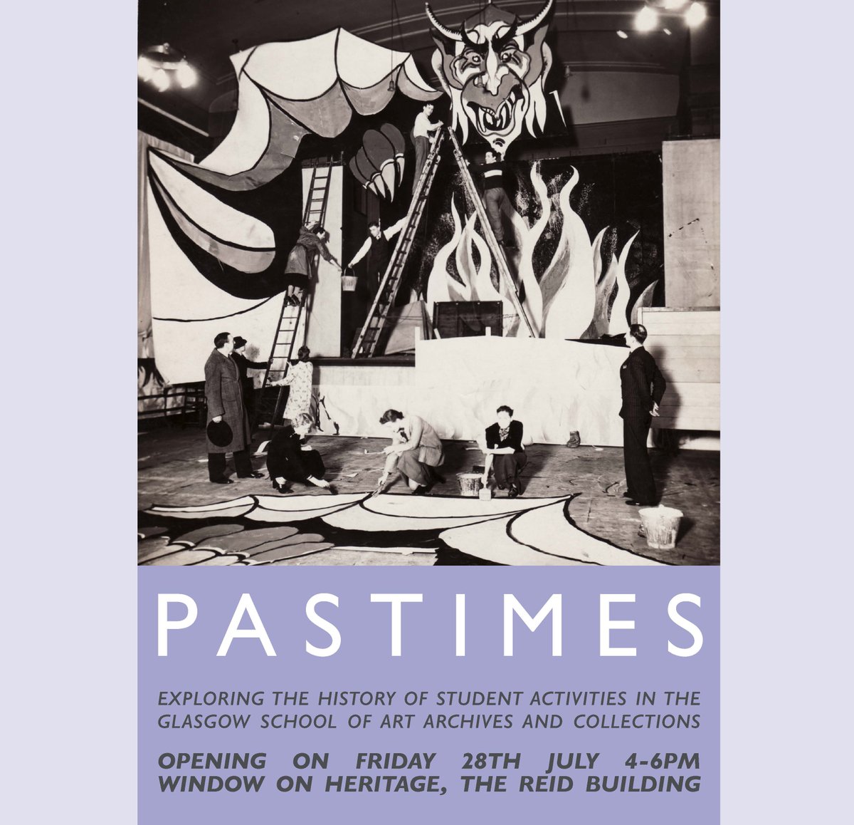 This Friday we're celebrating the opening of our new exhibition!
Curated by PhD students Kiah Endelman Music and Molly McCracken as part of a <a href="/sgsah/">SGSAH</a> research internship, Pastimes explores the history of <a href="/GSofA/">The Glasgow School of Art</a> student activities.
Join us at Window on Heritage from 4-6pm! 🖼️🎉🥂