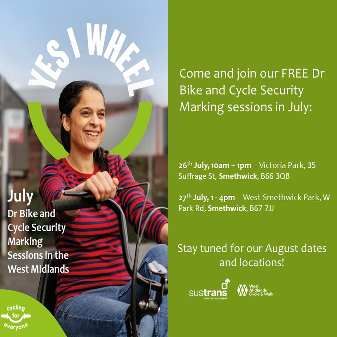 🚴🚴@SustransWMids still have two Dr Bike sessions taking place in July!

🚲 Bring along your bike and the team will check it's safe and security mark it for FREE!

#WMCycleWalk
