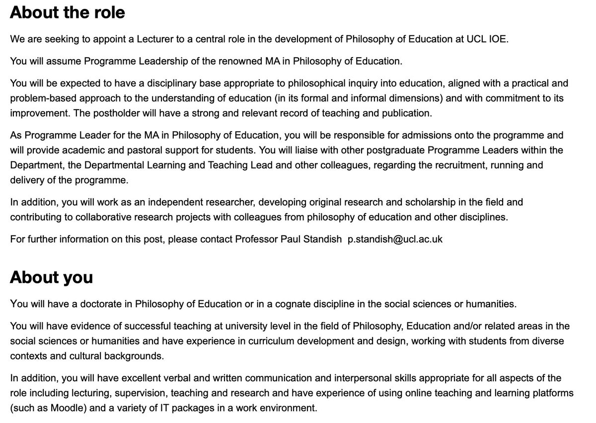JOB ALERT: Lecturer in Philosophy of Education... University College London An amazing opportunity for a philosopher or theorist whose work speaks to work in education, to join our department and lead the MA in Philosophy of Education. bit.ly/451RepZ
