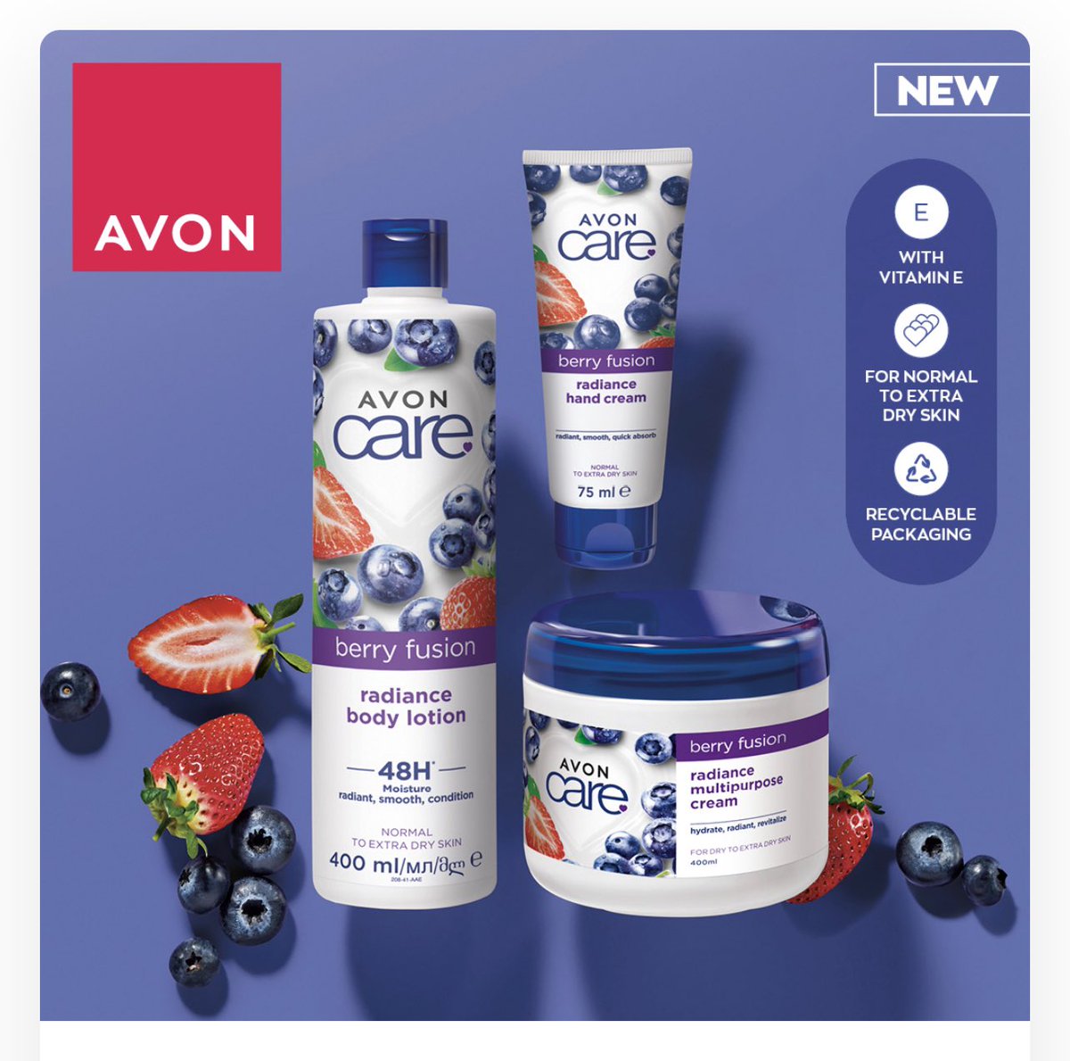 kayjay338's tweet photo. Avon's NEW Berry Fusion collection can help deliver hydration and a fruity summer scent. It's perfect for warm days 🍓 From just £2! 😱 Don’t forget, free delivery today only at https://t.co/63vb2i97aD use FREEDEL code. #freedelivery #RT #skincare https://t.co/eRHPhGTmtU